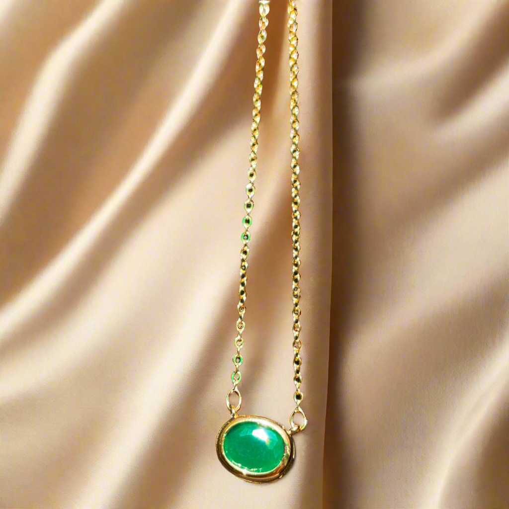 Green Oval Cut Emerald Pendant - Golden Chain (KCJ0016)