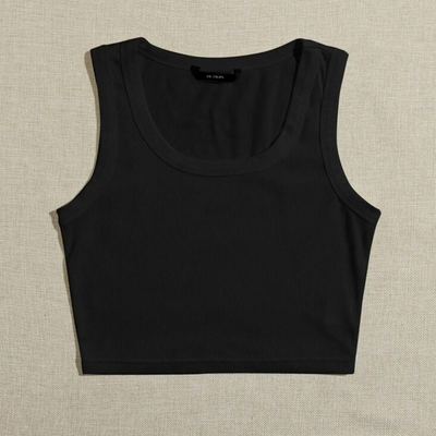 Teen Solid Black Scoop Neck Rib Fitted Tank Top