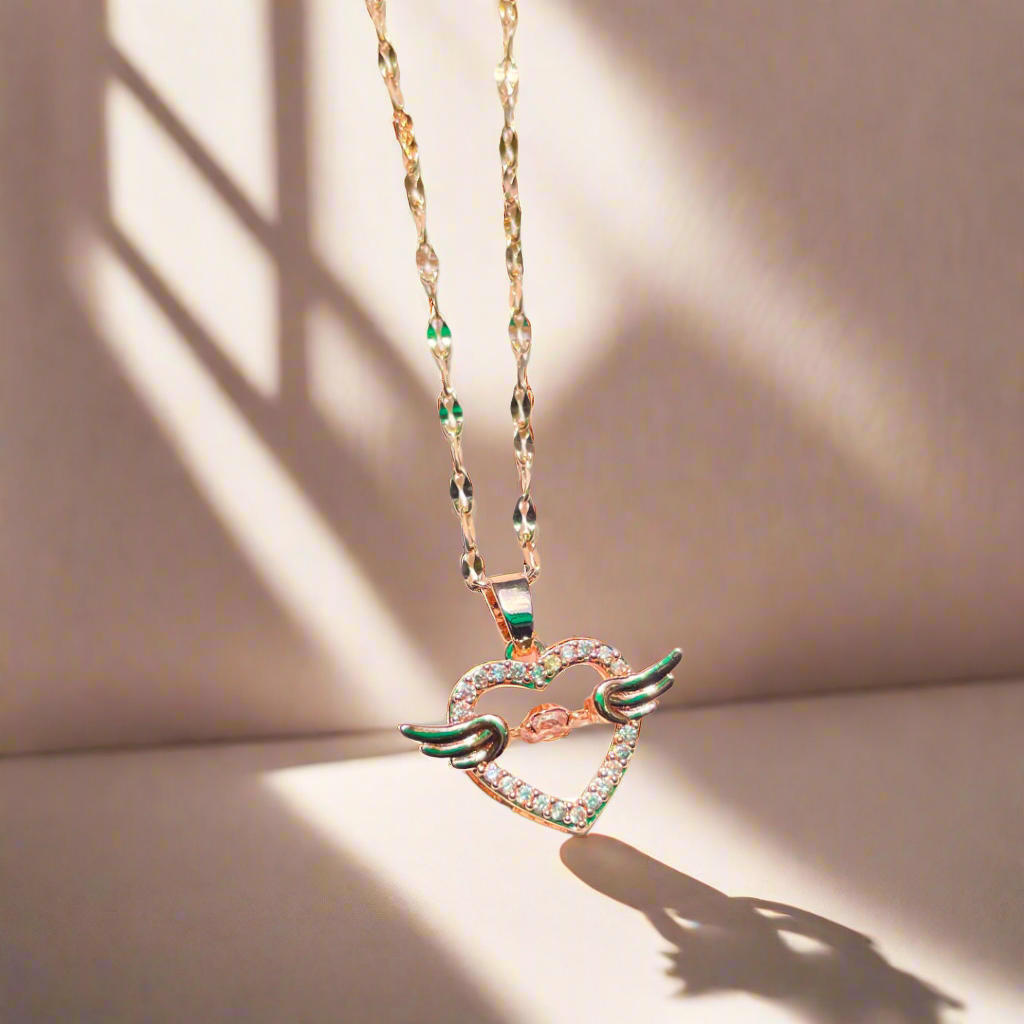 Rose Gold Angel Wings Heart Pendant | Unique and Elegant Jewelry (KCJ0025)