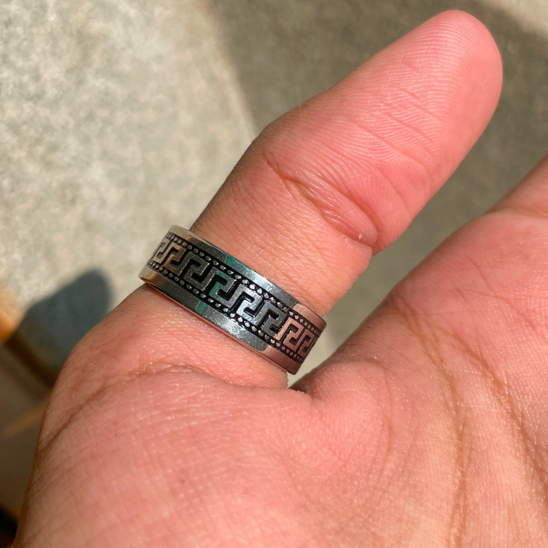 Silver and Black Titanium Versace Retro Engraved Tribal Ring (KCJ0041)
