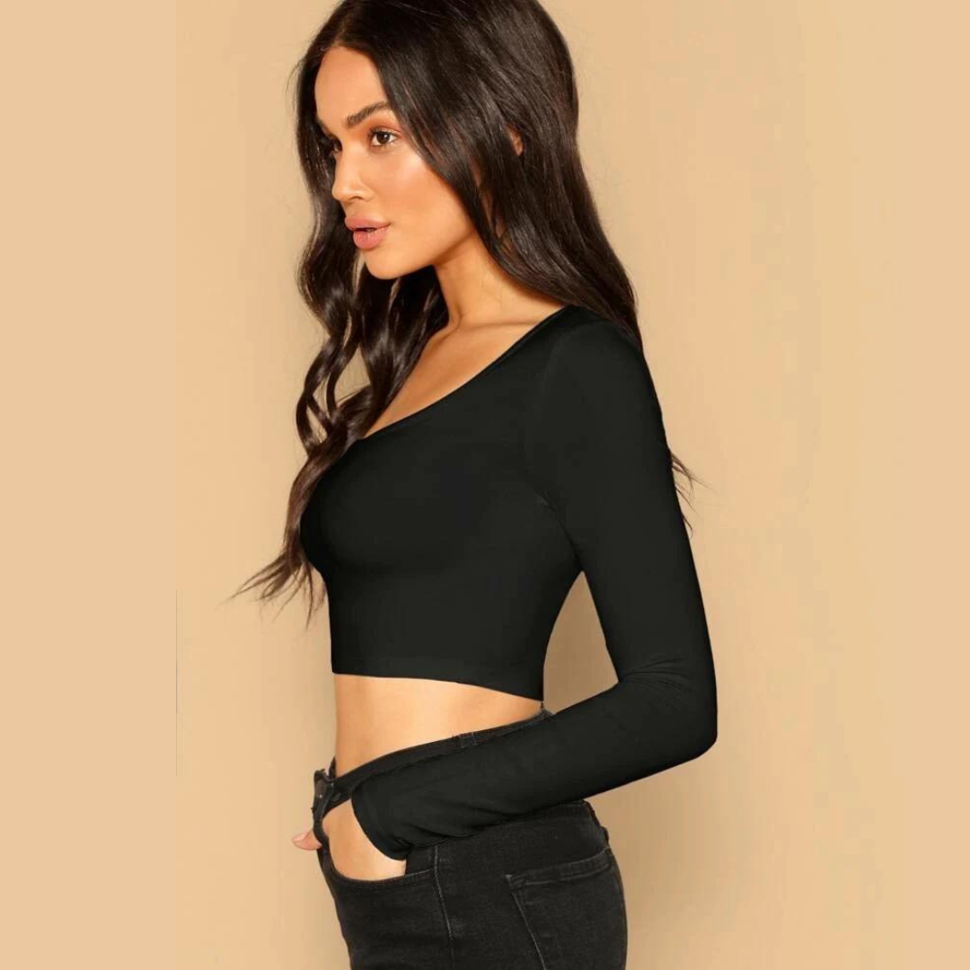 Black Cotton Slim Fitted Crop Top