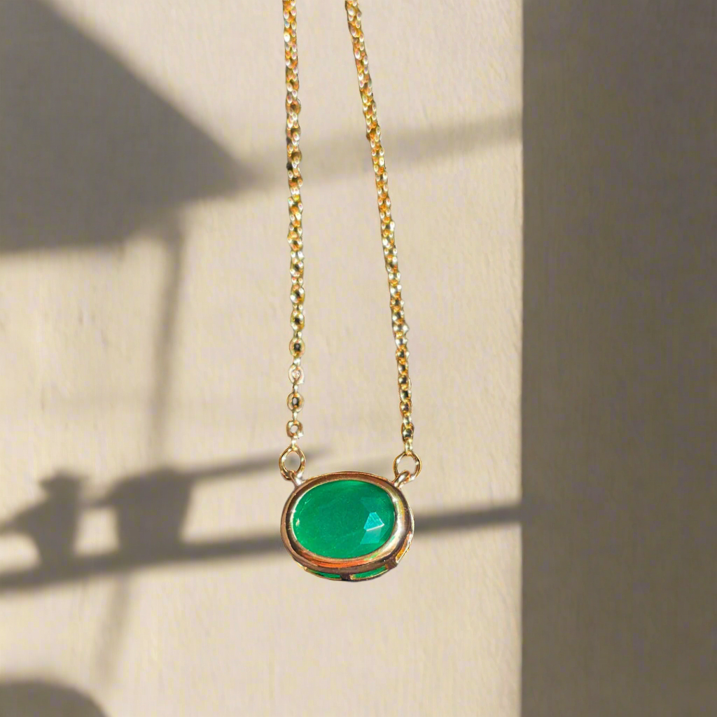 Green Oval Cut Emerald Pendant - Golden Chain (KCJ0016)