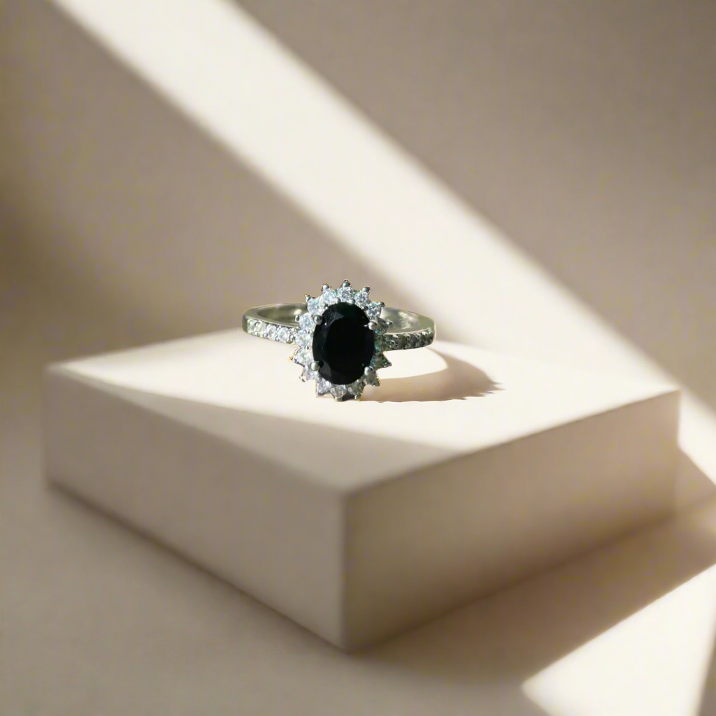 Midnight Majesty Black Halo Oval Stone Ring (KCJ0008))