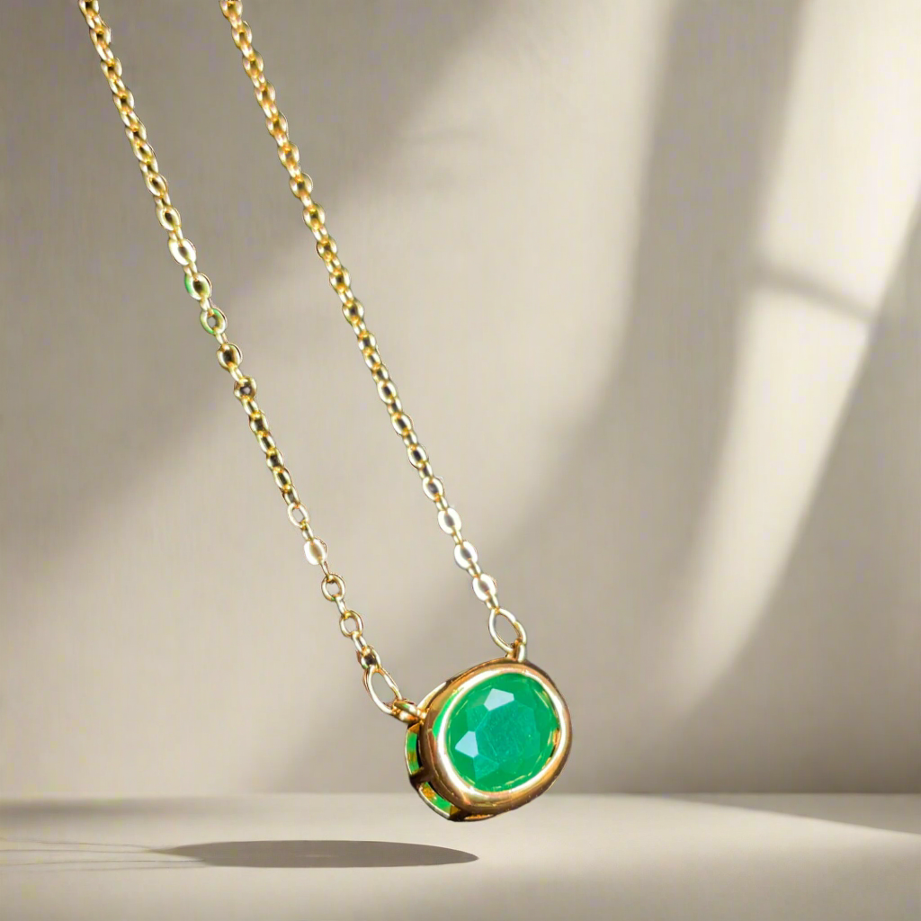 Green Oval Cut Emerald Pendant - Golden Chain (KCJ0016)