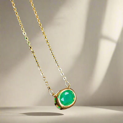 Green Oval Cut Emerald Pendant - Golden Chain (KCJ0016)