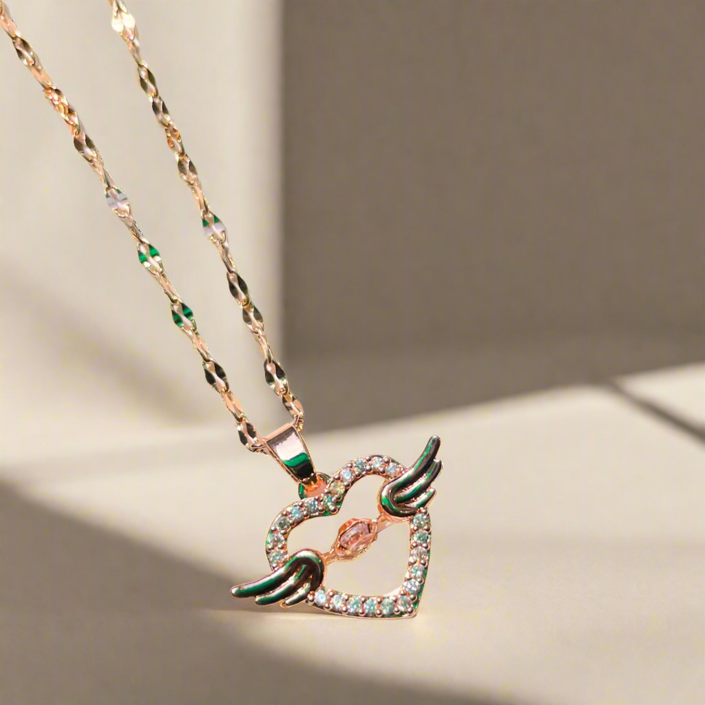 Rose Gold Angel Wings Heart Pendant | Unique and Elegant Jewelry (KCJ0025)