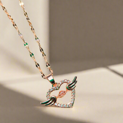 Rose Gold Angel Wings Heart Pendant | Unique and Elegant Jewelry (KCJ0025)