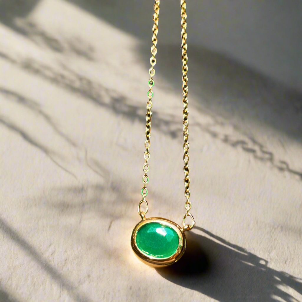Green Oval Cut Emerald Pendant - Golden Chain (KCJ0016)