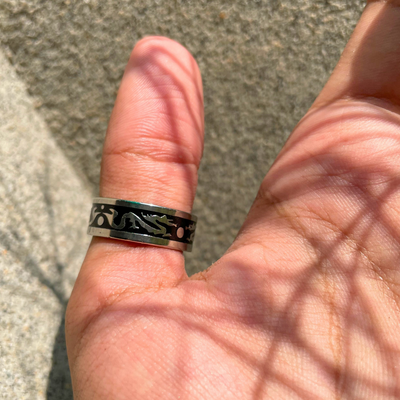 Black Titanium and Sterling Silver Tribal Dragon Ring for Men (KCJ0042)