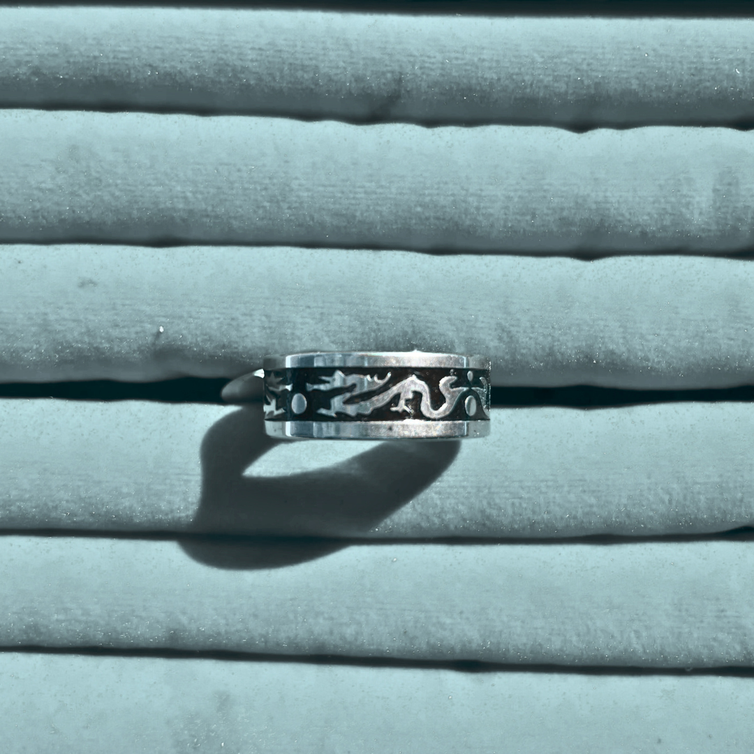 Black Titanium and Sterling Silver Tribal Dragon Ring for Men (KCJ0042)