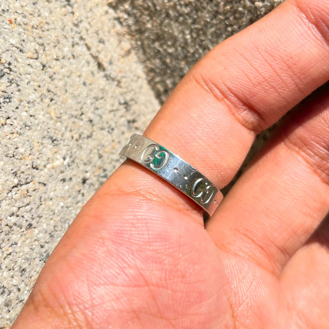 Sterling Silver Gucci Icon Engraved Slim Stainless Steel Ring (KCJ0038)