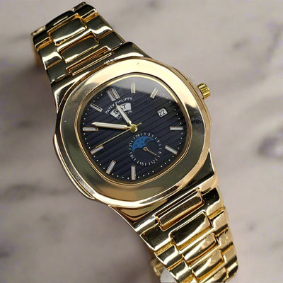 Luxury Patek Philippe Nautilus Moon Phase Black Dial - Gold Bracelet