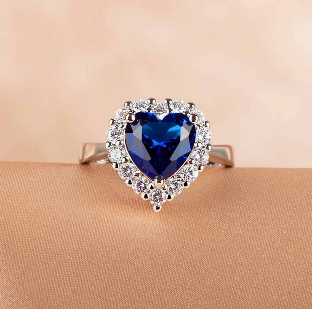 Titanic Deep Ocean Blue Heart Ring - Sapphire Charm (KCJ0007)